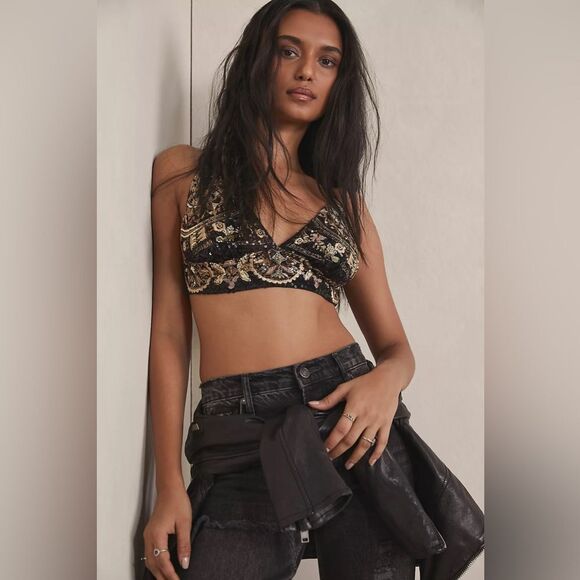 Free People Intimately Just Bead It Sequin Embellished Black and Gold Bralette S - Picture 1 of 4
